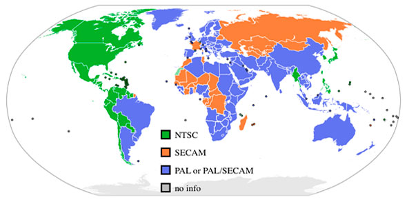 PAL, NTSC, and SECAM regions map